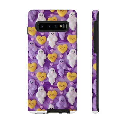 Purple Passion Ghostly Hearts Phone Case, Adorable Spirits with Love Emojis Cover for Smartphones, Tough Phone Cases