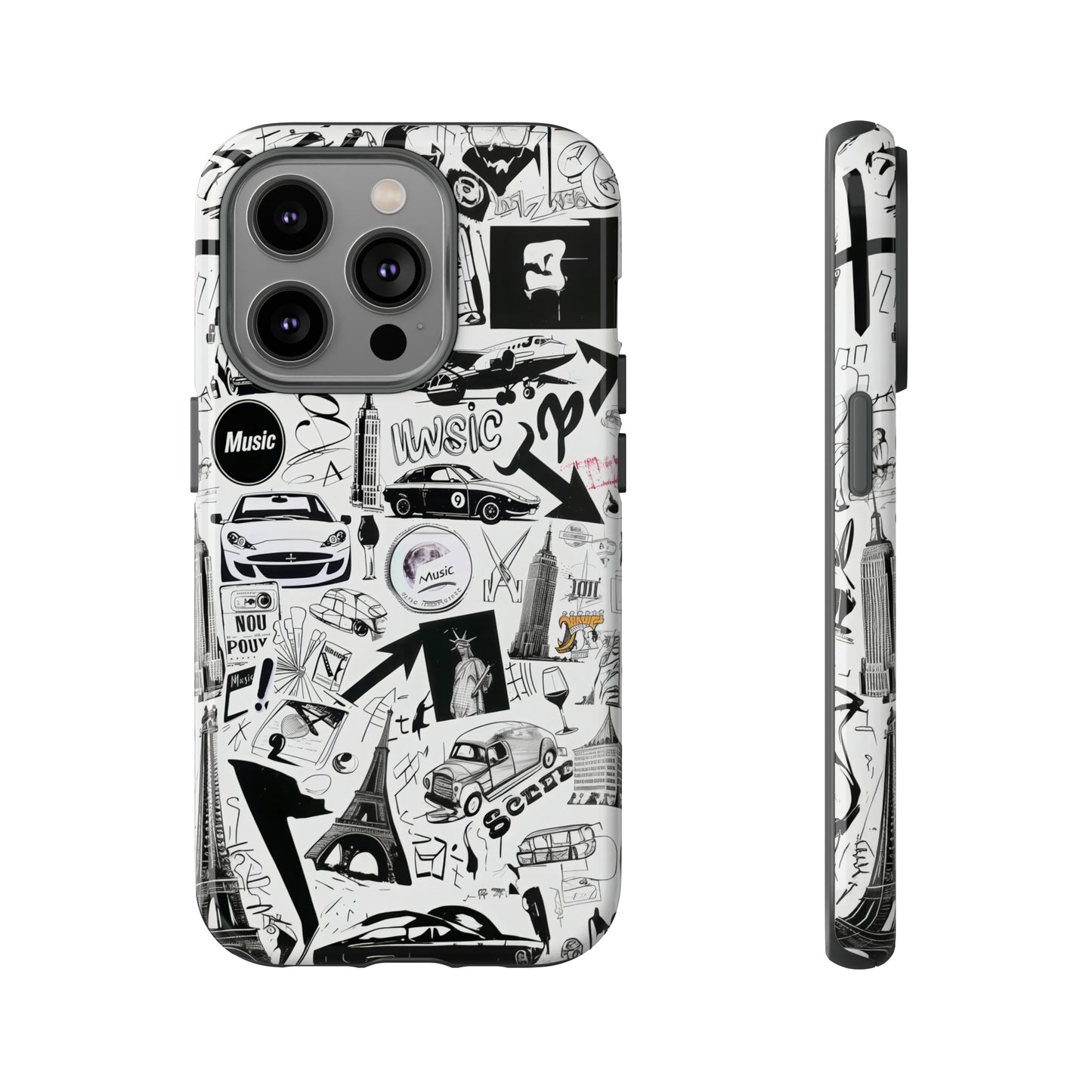 Iconica custodia per telefono con collage musicale in bianco e nero, cover dal design grafico moderno per audiofili, custodie per telefoni resistenti