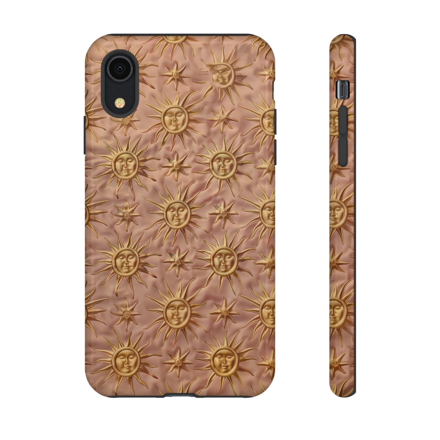 Custodia per iPhone con motivo sole celeste, design solare 3D strutturato, custodia protettiva lussuosa, custodie per telefono resistenti