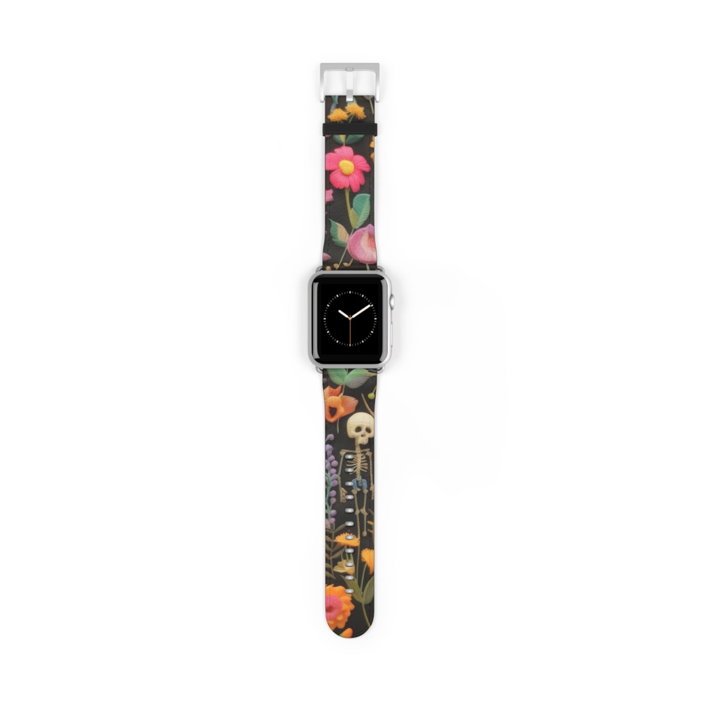 Gothic-Blumen-Totenkopf-Armband für die Apple Watch, leuchtende Blüten mit Skelett, kantiges botanisches Smartwatch-Armband. Apple Watch-Armbänder für die Serie 4, 5, 6, 7, 8, 9, ULTRA SE, 38/40/41 mm und 42/44/45 mm, veganes Kunstlederarmband