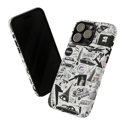 Iconica custodia per telefono con collage musicale in bianco e nero, cover dal design grafico moderno per audiofili, custodie per telefoni resistenti