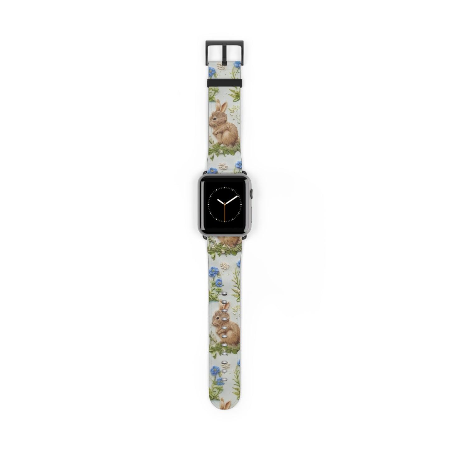 Springtime Bunny & Florals Apple Watch Band, Charming Rabbit Illustration, Pastel Blue Smartwatch Accessory. Apple Watch Band Apple Watch Straps For Series 4 5 6 7 8 9 ULTRA SE 38/40/41mm & 42/44/45mm Vegan Faux Leather Band