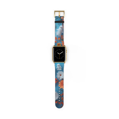 Charming Ghosts and Autumn Leaves Apple Watch Band, Spooky Cute Floral Design, Seasonal Smartwatch Strap. Apple Watch Band Apple Watch Straps For Series 4 5 6 7 8 9 ULTRA SE 38/40/41mm & 42/44/45mm Vegan Faux Leather Band