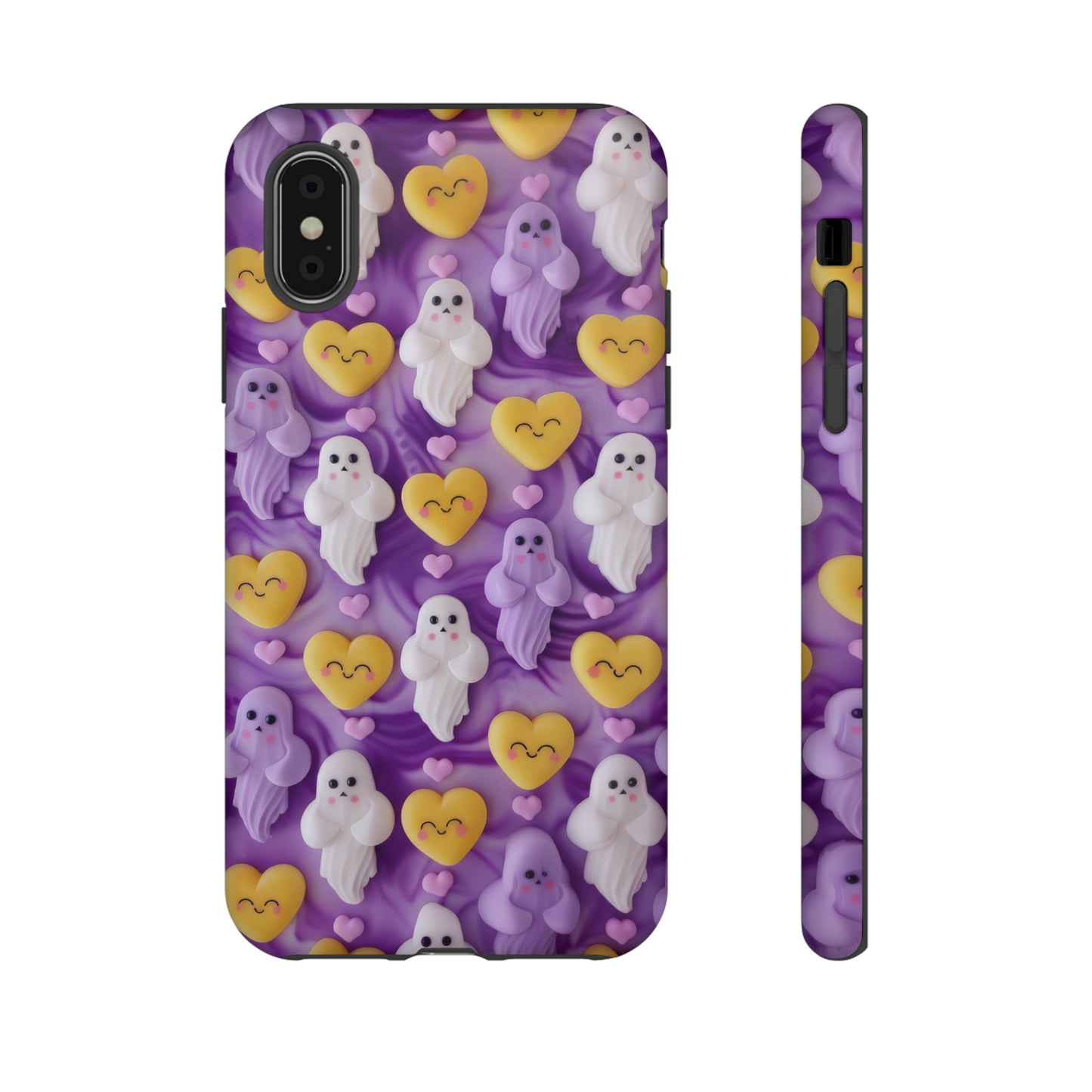 Purple Passion Ghostly Hearts Phone Case, Adorable Spirits with Love Emojis Cover for Smartphones, Tough Phone Cases