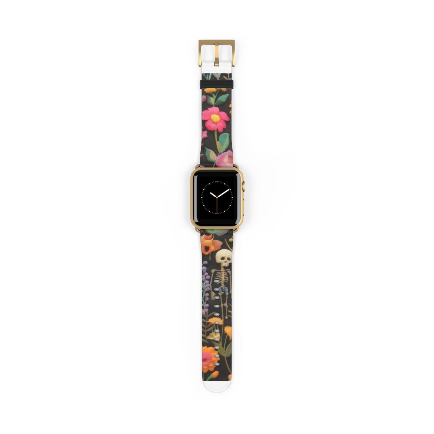 Gothic-Blumen-Totenkopf-Armband für die Apple Watch, leuchtende Blüten mit Skelett, kantiges botanisches Smartwatch-Armband. Apple Watch-Armbänder für die Serie 4, 5, 6, 7, 8, 9, ULTRA SE, 38/40/41 mm und 42/44/45 mm, veganes Kunstlederarmband