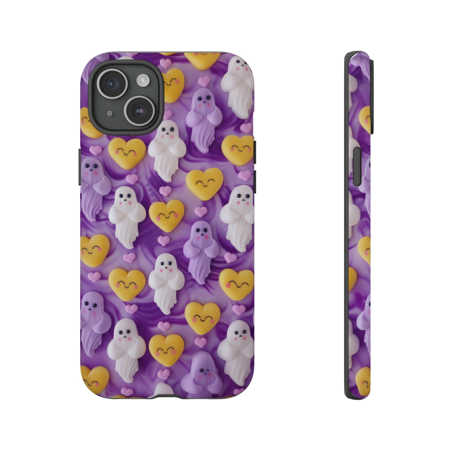 Purple Passion Ghostly Hearts Phone Case, Adorable Spirits with Love Emojis Cover for Smartphones, Tough Phone Cases