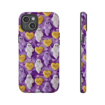 Purple Passion Ghostly Hearts Phone Case, Adorable Spirits with Love Emojis Cover for Smartphones, Tough Phone Cases