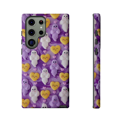 Purple Passion Ghostly Hearts Phone Case, Adorable Spirits with Love Emojis Cover for Smartphones, Tough Phone Cases