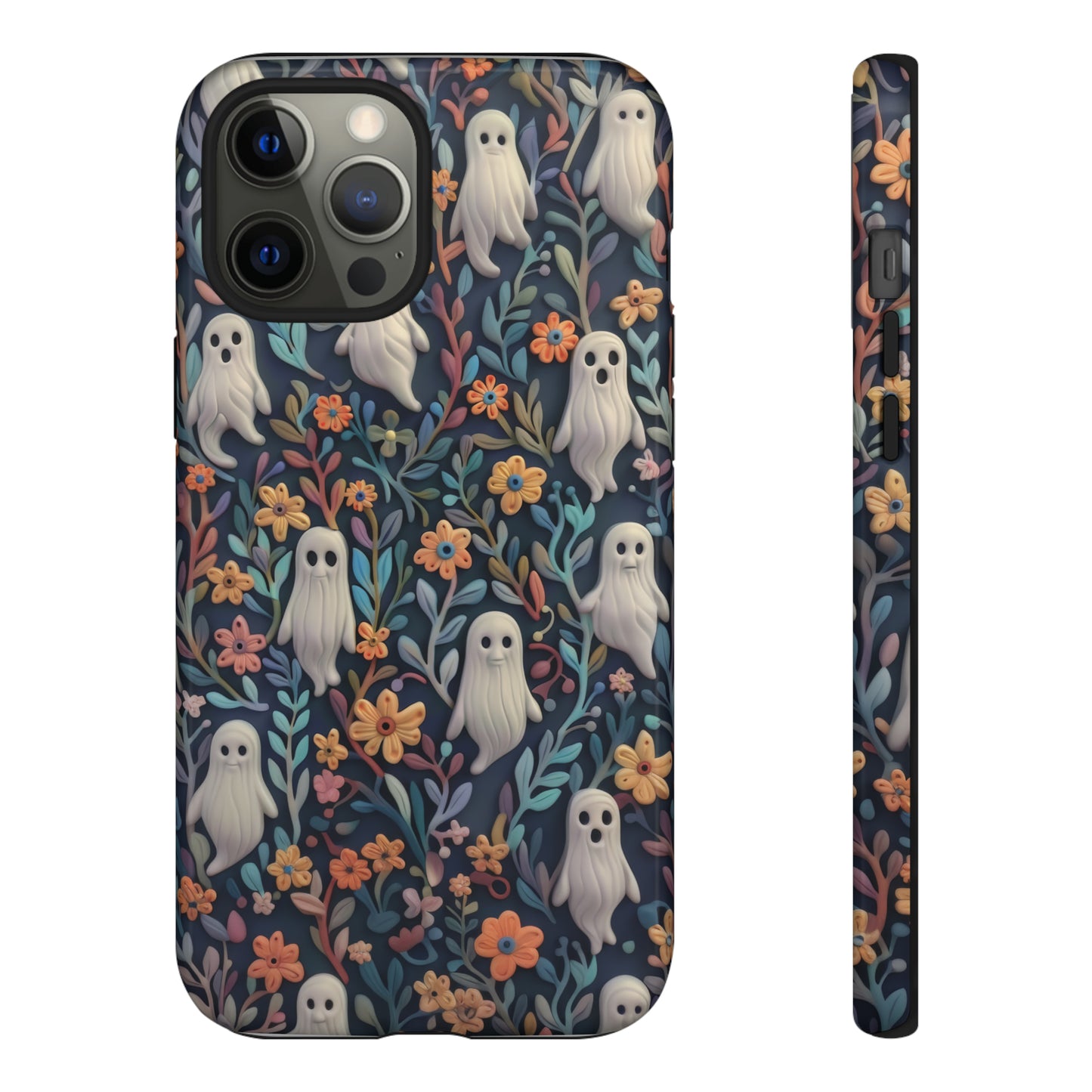 Whimsical Ghosts Floral iPhone Case, Unique Spooky Design, Charming Protective Cover, Tough Cases