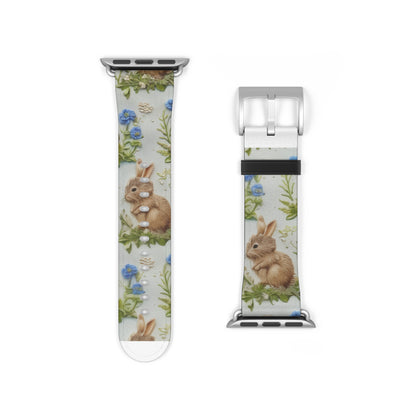 Springtime Bunny & Florals Apple Watch Band, Charming Rabbit Illustration, Pastel Blue Smartwatch Accessory. Apple Watch Band Apple Watch Straps For Series 4 5 6 7 8 9 ULTRA SE 38/40/41mm & 42/44/45mm Vegan Faux Leather Band