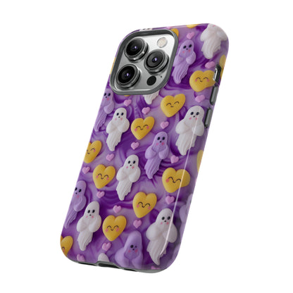 Purple Passion Ghostly Hearts Phone Case, Adorable Spirits with Love Emojis Cover for Smartphones, Tough Phone Cases