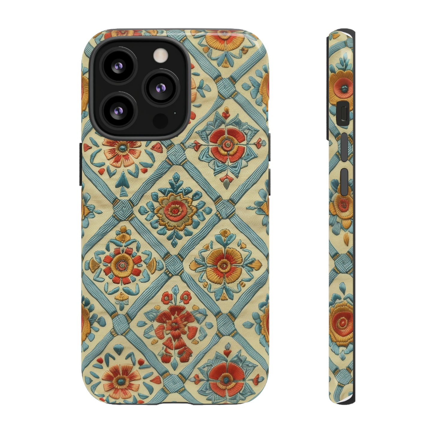 Vintage gesteppte florale iPhone-Hülle, Telefonhülle mit besticktem Design, handwerklich inspirierte Schutzausrüstung, robuste Hüllen