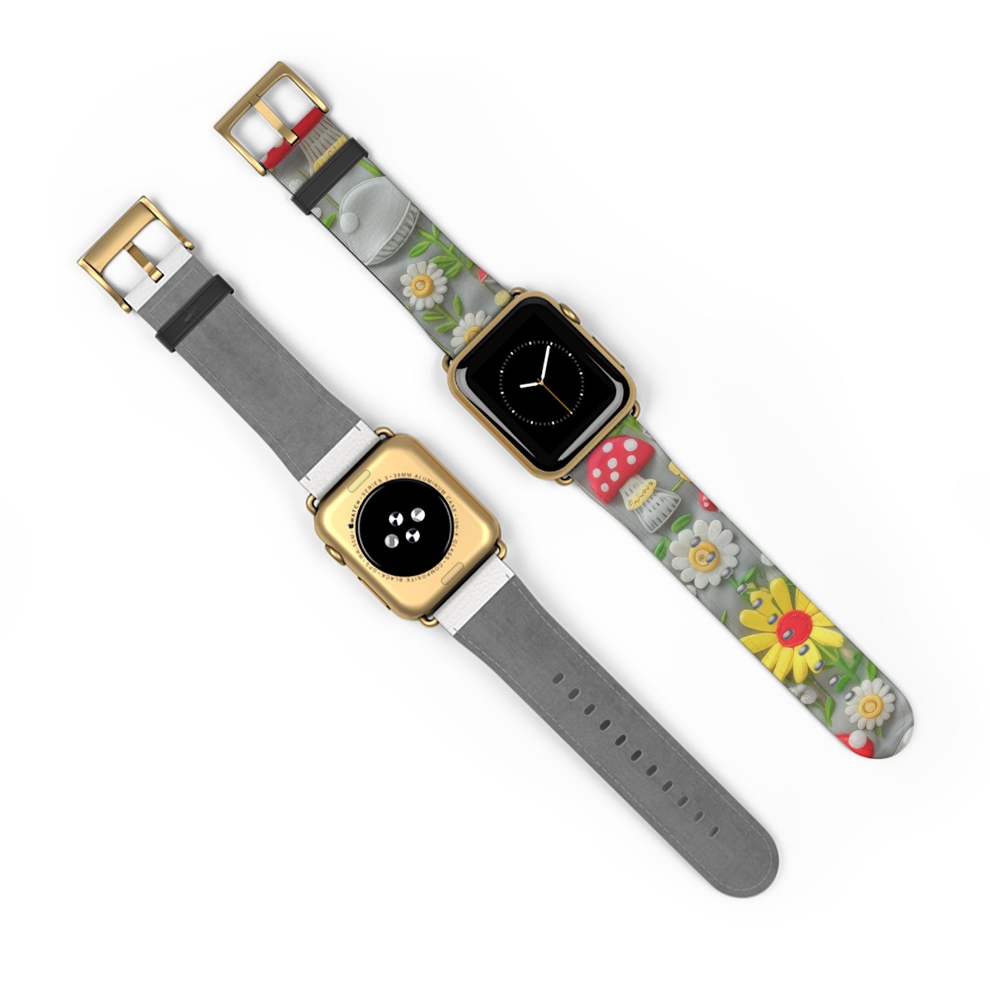 Verzaubertes Wald-Gänseblümchen- und Pilz-Apple-Watch-Armband, skurriles Smartwatch-Armband mit Naturmotiven. Apple Watch-Armband, Apple Watch-Armbänder für Serie 4, 5, 6, 7, 8, 9, ULTRA SE, 38/40/41 mm und 42/44/45 mm, veganes Kunstlederarmband