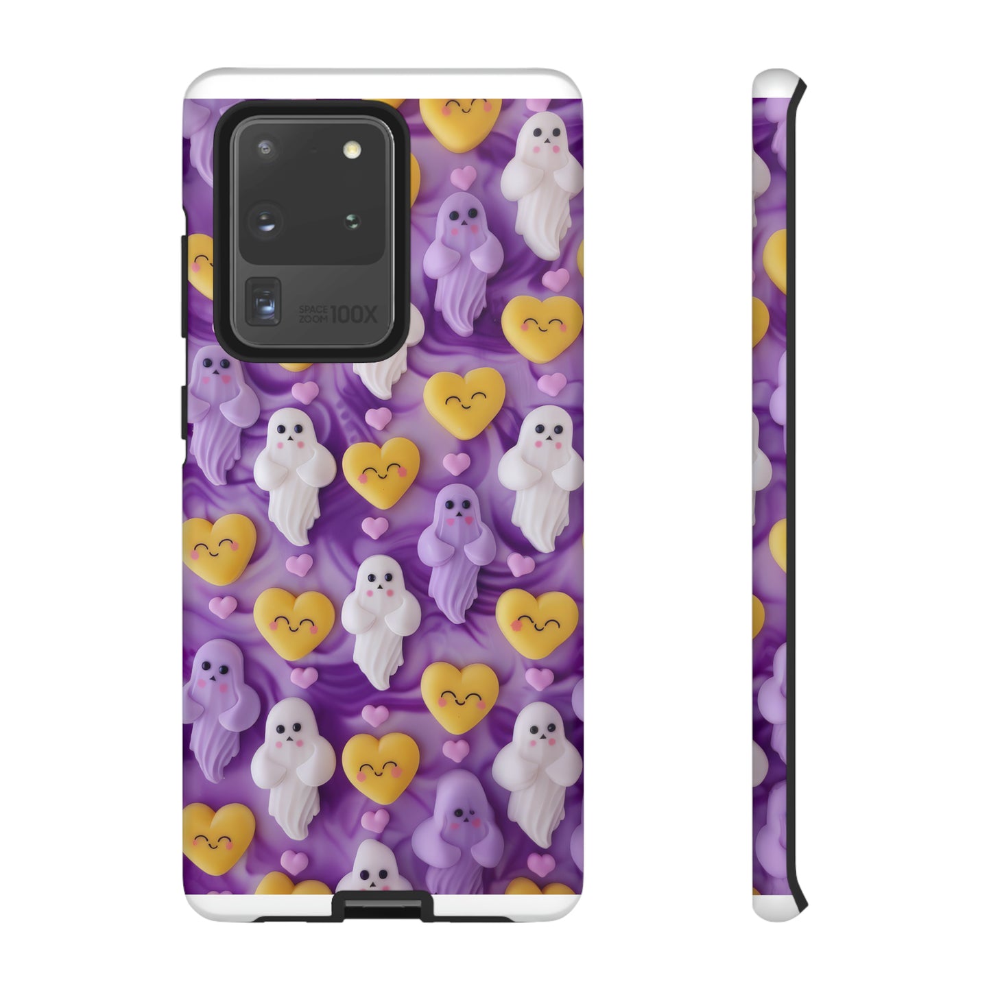 Purple Passion Ghostly Hearts Phone Case, Adorable Spirits with Love Emojis Cover for Smartphones, Tough Phone Cases