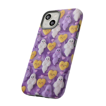 Purple Passion Ghostly Hearts Phone Case, Adorable Spirits with Love Emojis Cover for Smartphones, Tough Phone Cases