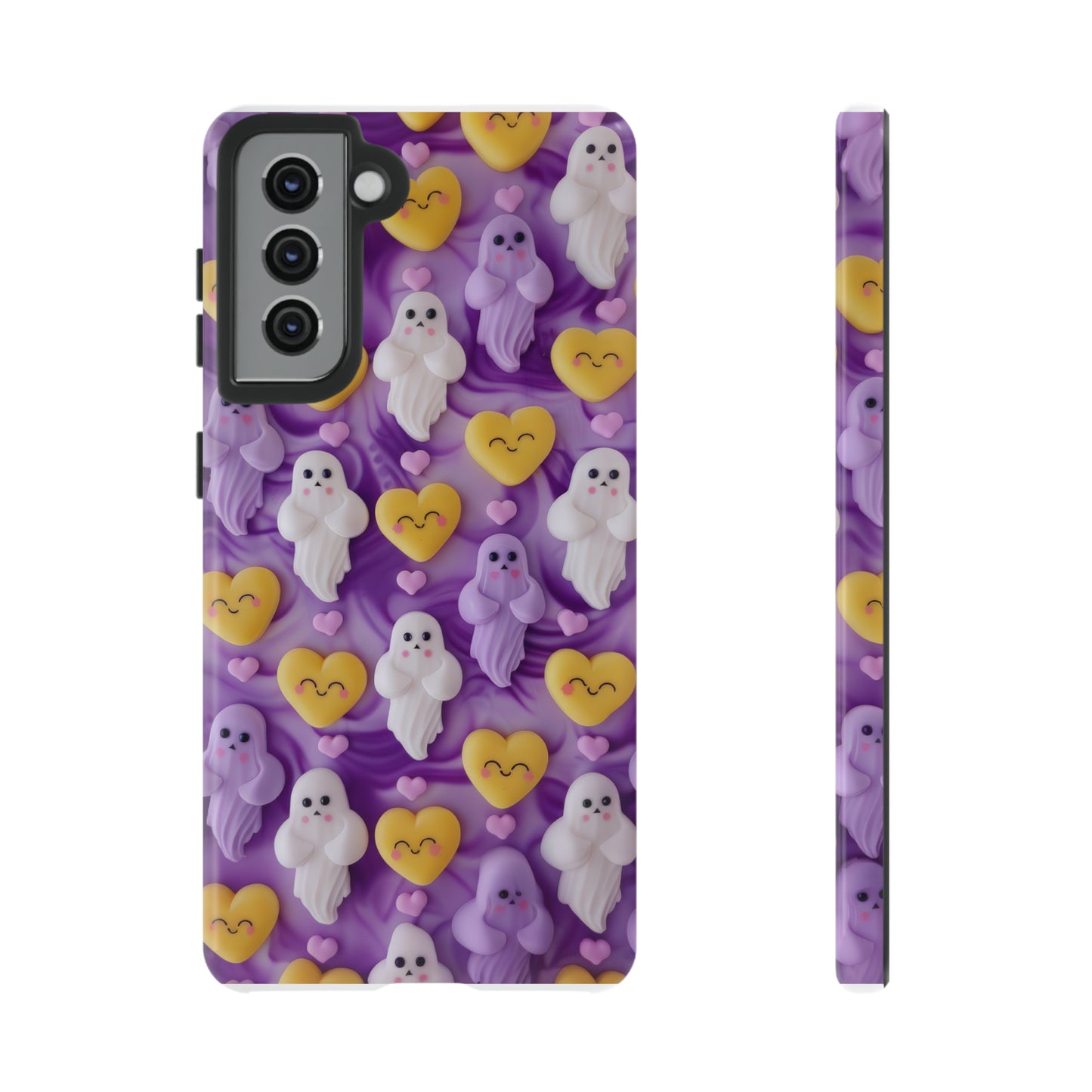 Purple Passion Ghostly Hearts Phone Case, Adorable Spirits with Love Emojis Cover for Smartphones, Tough Phone Cases