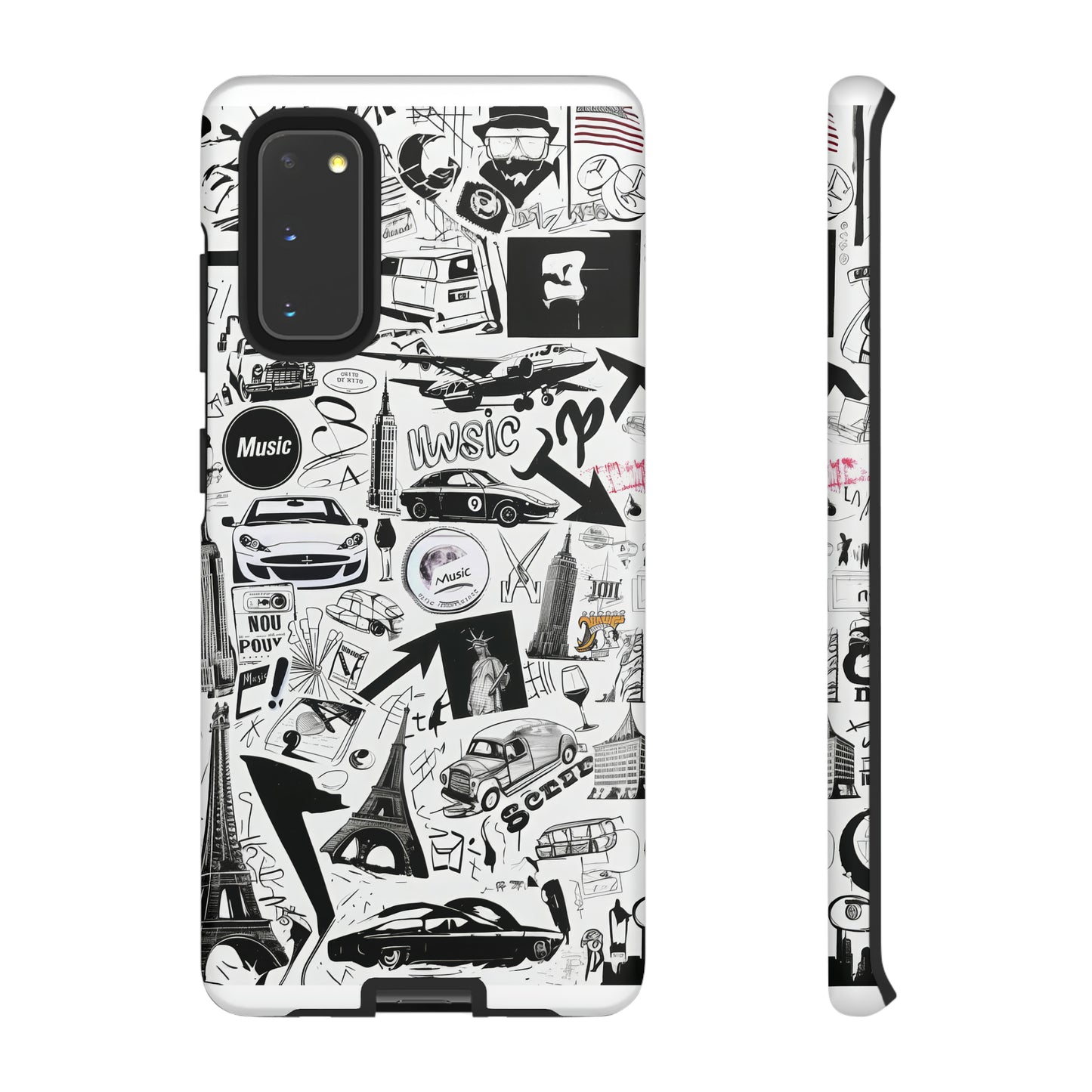 Iconica custodia per telefono con collage musicale in bianco e nero, cover dal design grafico moderno per audiofili, custodie per telefoni resistenti