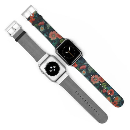 Enchanted Garden Floral Apple Watch Band, Lush Botanical Print, Elegant Dark Background Smartwatch Strap. Apple Watch Band Apple Watch Straps For Series 4 5 6 7 8 9 ULTRA SE 38/40/41mm & 42/44/45mm Vegan Faux Leather Band