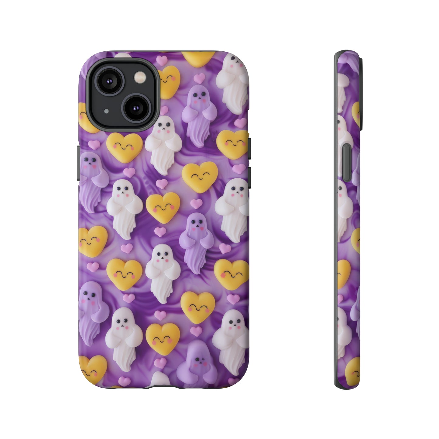 Purple Passion Ghostly Hearts Phone Case, Adorable Spirits with Love Emojis Cover for Smartphones, Tough Phone Cases