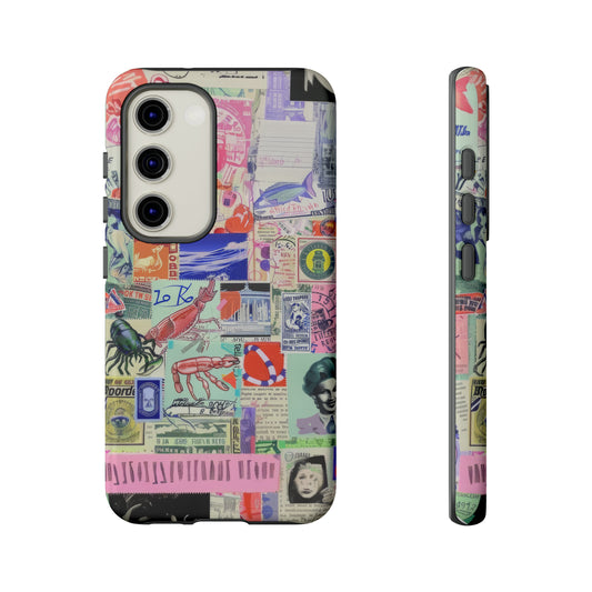 Eclectic Travel Stamp Collage Phone Case, Worldly Explorer Cover, Unique Journey-Inspired Design, Tough Phone Cases