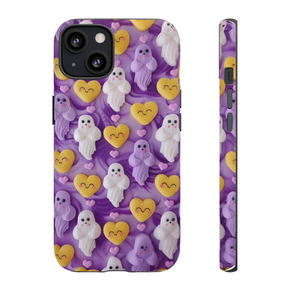 Purple Passion Ghostly Hearts Phone Case, Adorable Spirits with Love Emojis Cover for Smartphones, Tough Phone Cases