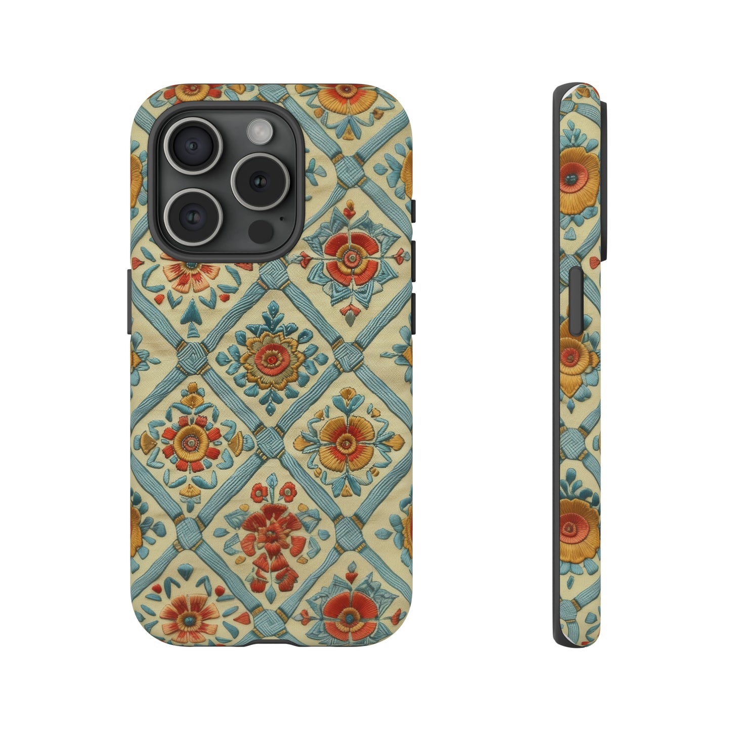 Vintage gesteppte florale iPhone-Hülle, Telefonhülle mit besticktem Design, handwerklich inspirierte Schutzausrüstung, robuste Hüllen