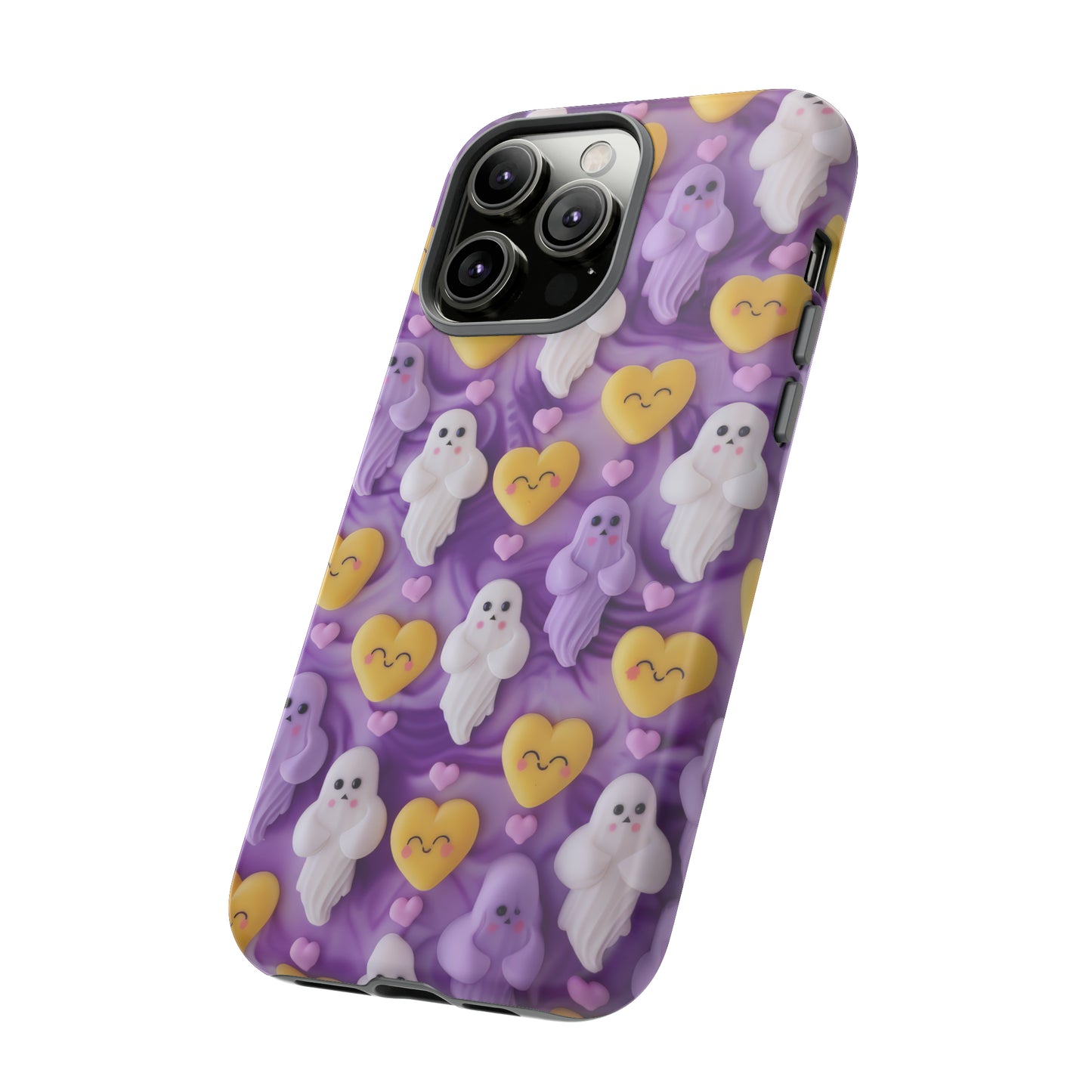 Purple Passion Ghostly Hearts Phone Case, Adorable Spirits with Love Emojis Cover for Smartphones, Tough Phone Cases