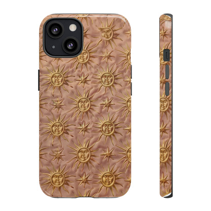 Custodia per iPhone con motivo sole celeste, design solare 3D strutturato, custodia protettiva lussuosa, custodie per telefono resistenti