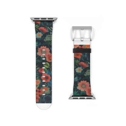 Enchanted Garden Floral Apple Watch Band, Lush Botanical Print, Elegant Dark Background Smartwatch Strap. Apple Watch Band Apple Watch Straps For Series 4 5 6 7 8 9 ULTRA SE 38/40/41mm & 42/44/45mm Vegan Faux Leather Band