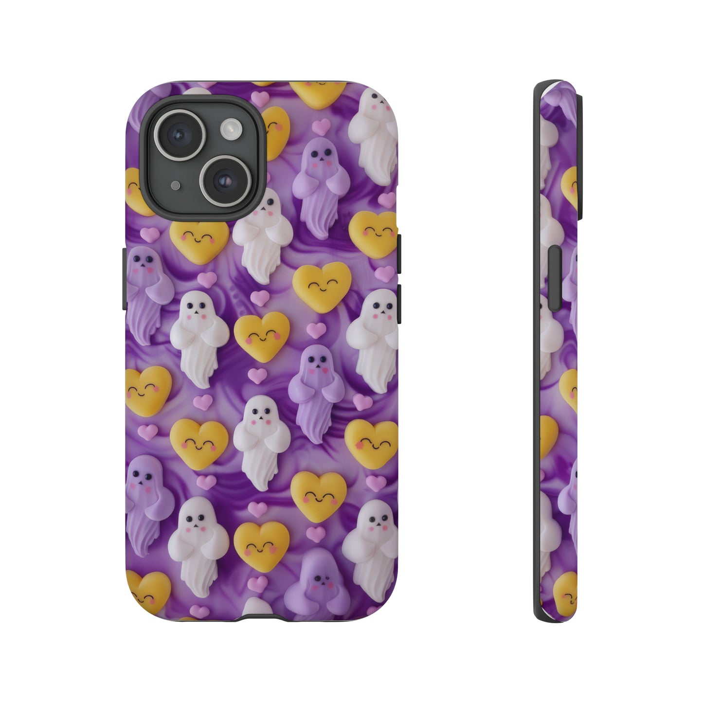 Purple Passion Ghostly Hearts Phone Case, Adorable Spirits with Love Emojis Cover for Smartphones, Tough Phone Cases