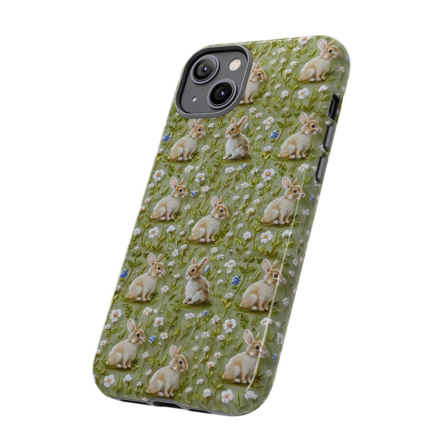 Custodia per iPhone Meadow Rabbits, design Serene Spring Wildlife, custodia protettiva di ispirazione ecologica, custodie per telefoni resistenti