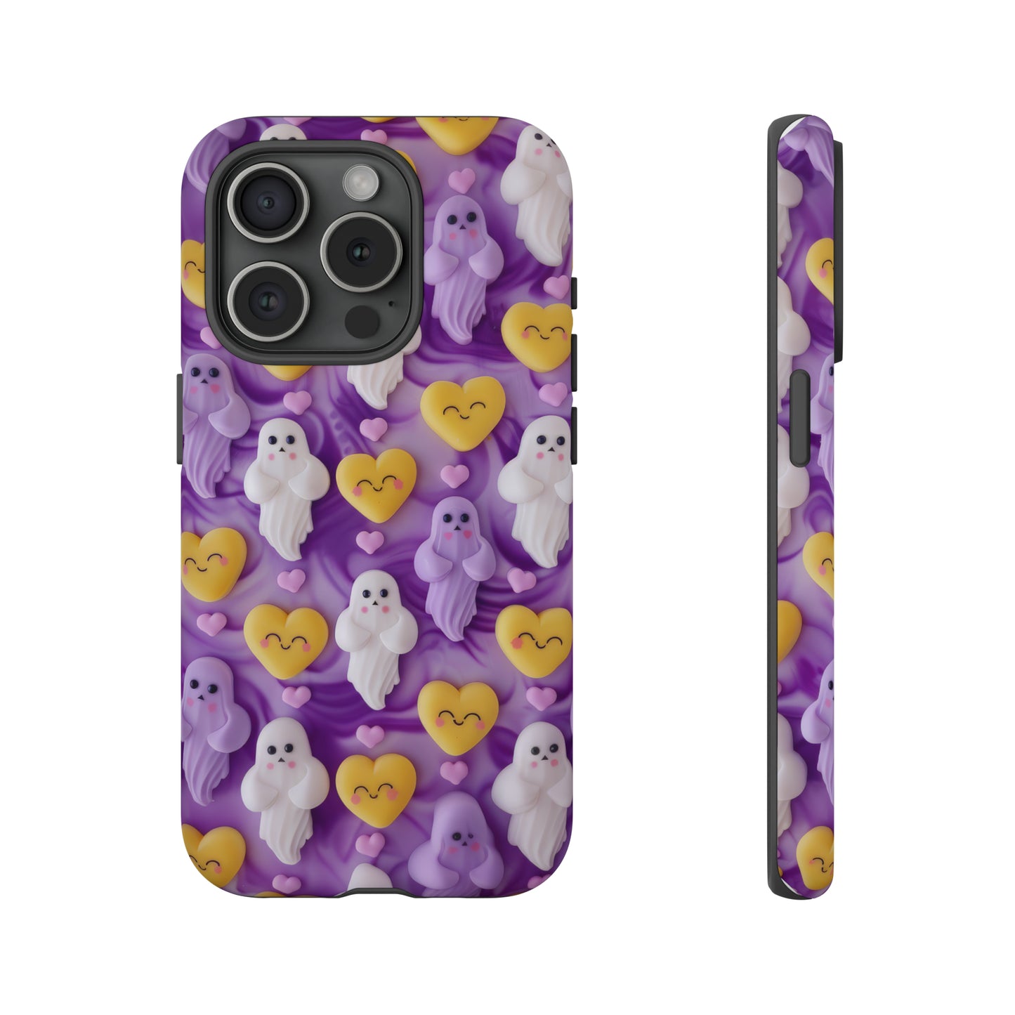 Purple Passion Ghostly Hearts Phone Case, Adorable Spirits with Love Emojis Cover for Smartphones, Tough Phone Cases