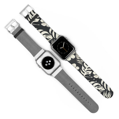 Monochromes Dschungellaub-Armband für die Apple Watch | Armband mit schwarz-weißem Blattdesign. Apple Watch-Armband, Apple Watch-Armbänder für die Serie 4, 5, 6, 7, 8, 9, ULTRA SE, 38/40/41 mm und 42/44/45 mm, veganes Kunstlederarmband 