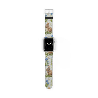 Springtime Bunny & Florals Apple Watch Band, Charming Rabbit Illustration, Pastel Blue Smartwatch Accessory. Apple Watch Band Apple Watch Straps For Series 4 5 6 7 8 9 ULTRA SE 38/40/41mm & 42/44/45mm Vegan Faux Leather Band