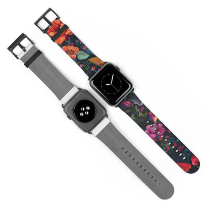 Midnight Blossoms Apple Watch Band, Vibrant Night Garden Floral Print, Stylish and Bold Smartwatch Accessory. Apple Watch Band Apple Watch Straps For Series 4 5 6 7 8 9 SE 38/40/41mm & 42/44/45mm Vegan Faux Leather Band