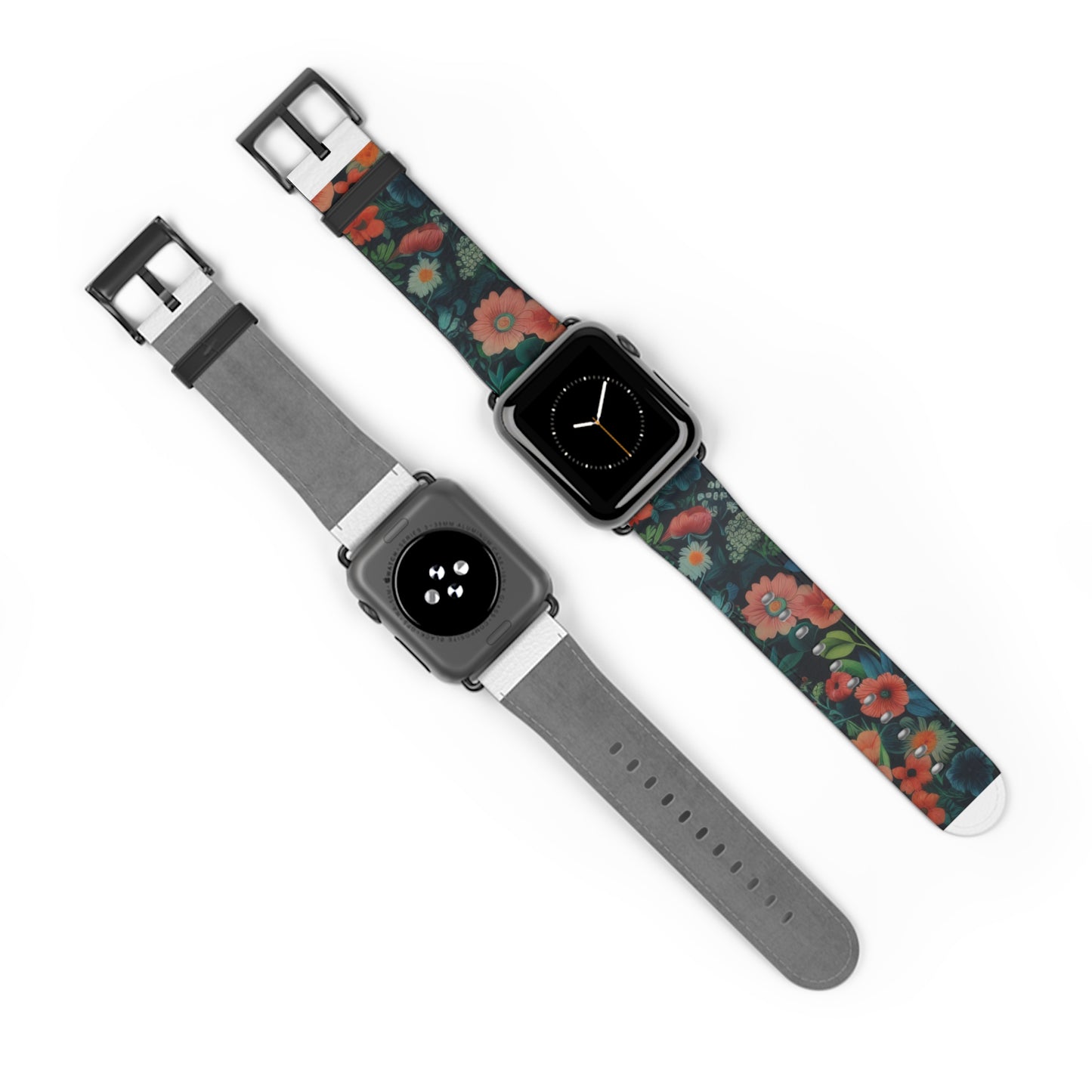 Enchanted Garden Floral Apple Watch Band, Lush Botanical Print, Elegant Dark Background Smartwatch Strap. Apple Watch Band Apple Watch Straps For Series 4 5 6 7 8 9 ULTRA SE 38/40/41mm & 42/44/45mm Vegan Faux Leather Band