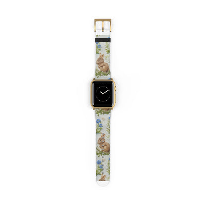 Springtime Bunny & Florals Apple Watch Band, Charming Rabbit Illustration, Pastel Blue Smartwatch Accessory. Apple Watch Band Apple Watch Straps For Series 4 5 6 7 8 9 ULTRA SE 38/40/41mm & 42/44/45mm Vegan Faux Leather Band