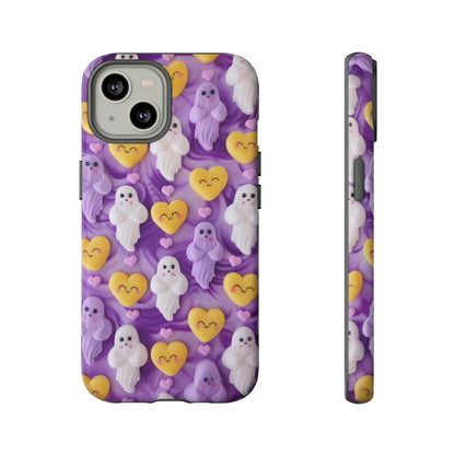 Purple Passion Ghostly Hearts Phone Case, Adorable Spirits with Love Emojis Cover for Smartphones, Tough Phone Cases