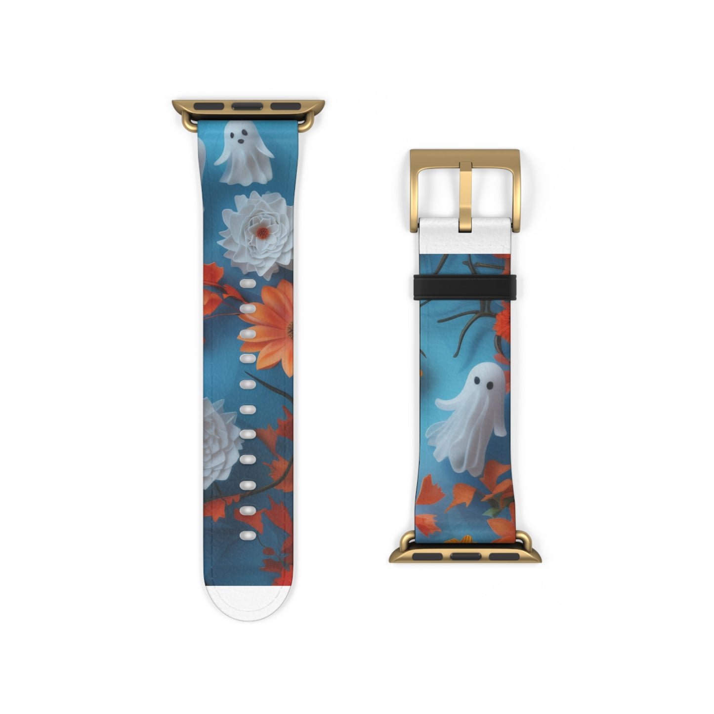 Charming Ghosts and Autumn Leaves Apple Watch Band, Spooky Cute Floral Design, Seasonal Smartwatch Strap. Apple Watch Band Apple Watch Straps For Series 4 5 6 7 8 9 ULTRA SE 38/40/41mm & 42/44/45mm Vegan Faux Leather Band