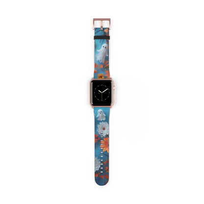 Charming Ghosts and Autumn Leaves Apple Watch Band, Spooky Cute Floral Design, Seasonal Smartwatch Strap. Apple Watch Band Apple Watch Straps For Series 4 5 6 7 8 9 ULTRA SE 38/40/41mm & 42/44/45mm Vegan Faux Leather Band