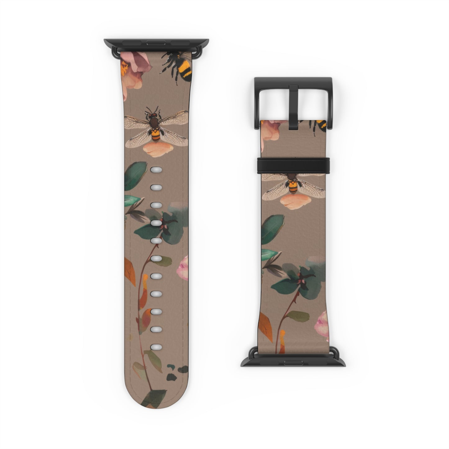 Nature-Inspired Bee and Floral Apple Watch Band, Pollinator Garden Smartwatch Strap, Unique Botanical Wristband Design. Apple Watch Band Apple Watch Straps For Series 4 5 6 7 8 9 ULTRA SE 38/40/41mm & 42/44/45mm Vegan Faux Leather Band