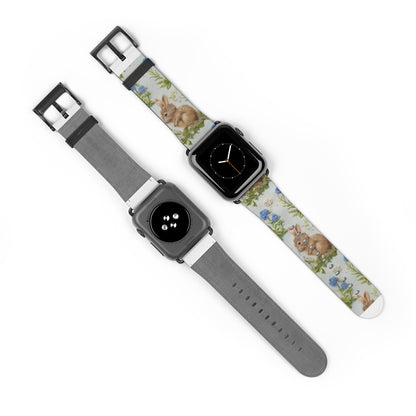 Springtime Bunny & Florals Apple Watch Band, Charming Rabbit Illustration, Pastel Blue Smartwatch Accessory. Apple Watch Band Apple Watch Straps For Series 4 5 6 7 8 9 ULTRA SE 38/40/41mm & 42/44/45mm Vegan Faux Leather Band