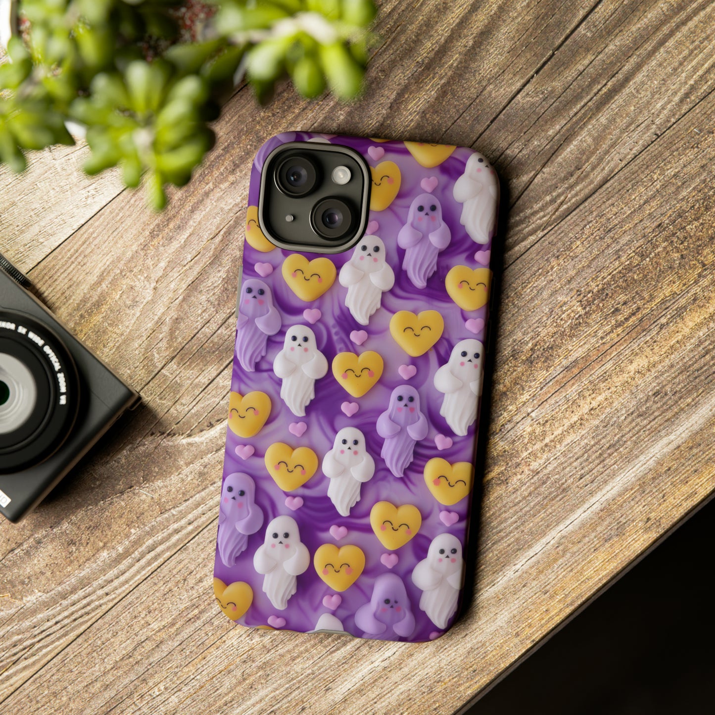 Purple Passion Ghostly Hearts Phone Case, Adorable Spirits with Love Emojis Cover for Smartphones, Tough Phone Cases