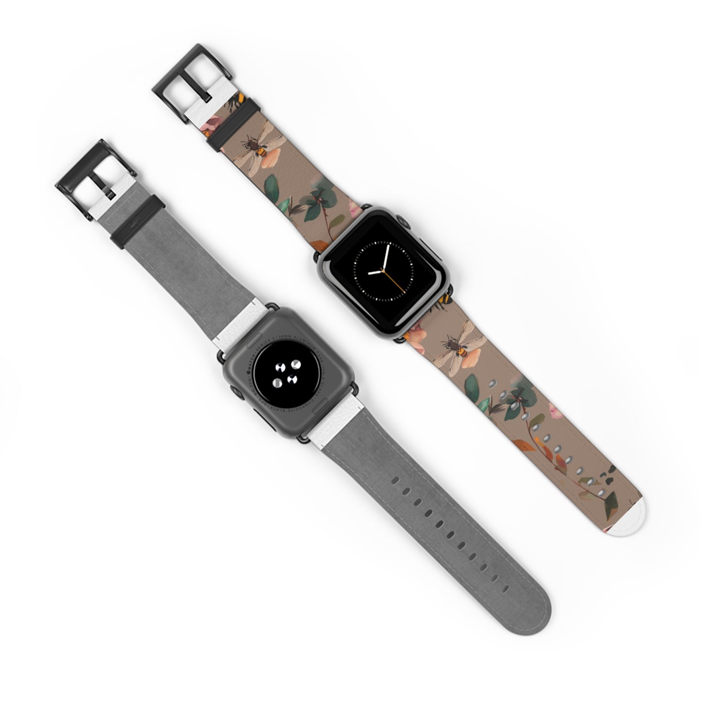 Nature-Inspired Bee and Floral Apple Watch Band, Pollinator Garden Smartwatch Strap, Unique Botanical Wristband Design. Apple Watch Band Apple Watch Straps For Series 4 5 6 7 8 9 ULTRA SE 38/40/41mm & 42/44/45mm Vegan Faux Leather Band