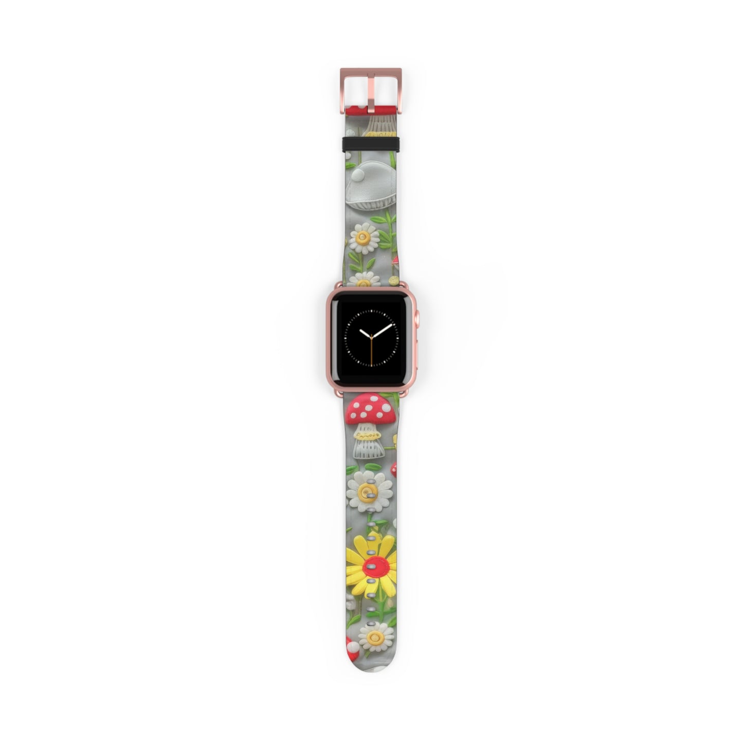 Verzaubertes Wald-Gänseblümchen- und Pilz-Apple-Watch-Armband, skurriles Smartwatch-Armband mit Naturmotiven. Apple Watch-Armband, Apple Watch-Armbänder für Serie 4, 5, 6, 7, 8, 9, ULTRA SE, 38/40/41 mm und 42/44/45 mm, veganes Kunstlederarmband