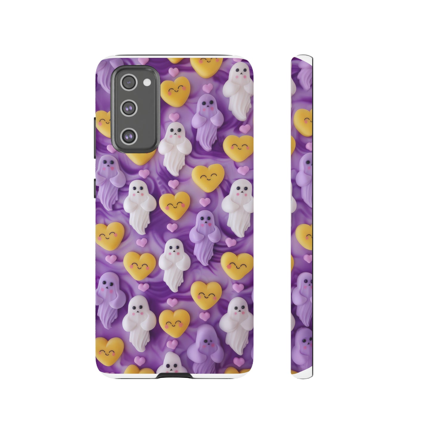 Purple Passion Ghostly Hearts Phone Case, Adorable Spirits with Love Emojis Cover for Smartphones, Tough Phone Cases