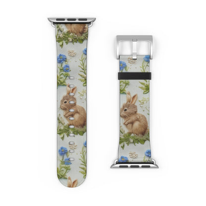 Springtime Bunny & Florals Apple Watch Band, Charming Rabbit Illustration, Pastel Blue Smartwatch Accessory. Apple Watch Band Apple Watch Straps For Series 4 5 6 7 8 9 ULTRA SE 38/40/41mm & 42/44/45mm Vegan Faux Leather Band