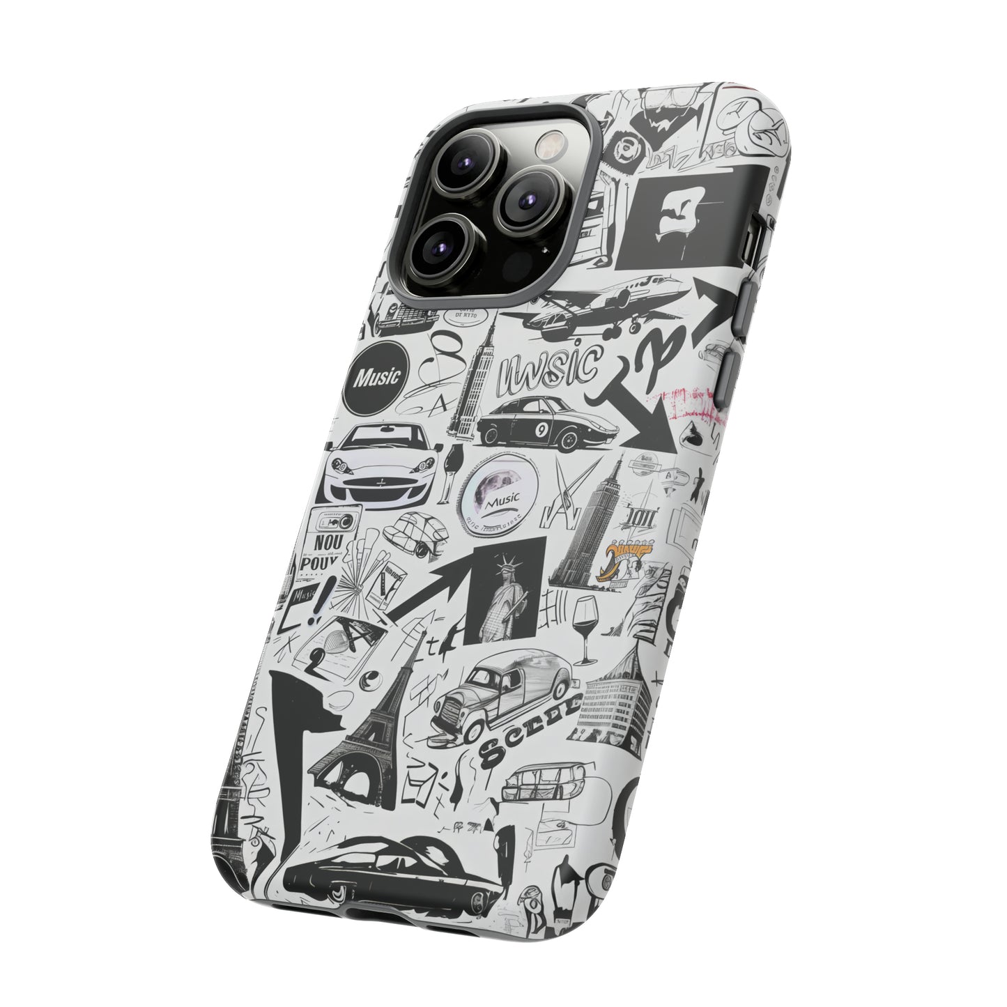 Iconica custodia per telefono con collage musicale in bianco e nero, cover dal design grafico moderno per audiofili, custodie per telefoni resistenti