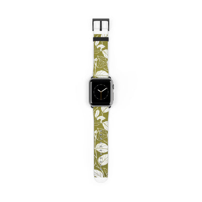 Apple Watch-Armband mit olivgrünem Blattmuster | Öko-Chic-Armband im Natur-Stil. Apple Watch-Armband, Apple Watch-Armbänder für Serie 4, 5, 6, 7, 8, 9, ULTRA SE, 38/40/41 mm und 42/44/45 mm, veganes Kunstlederarmband 