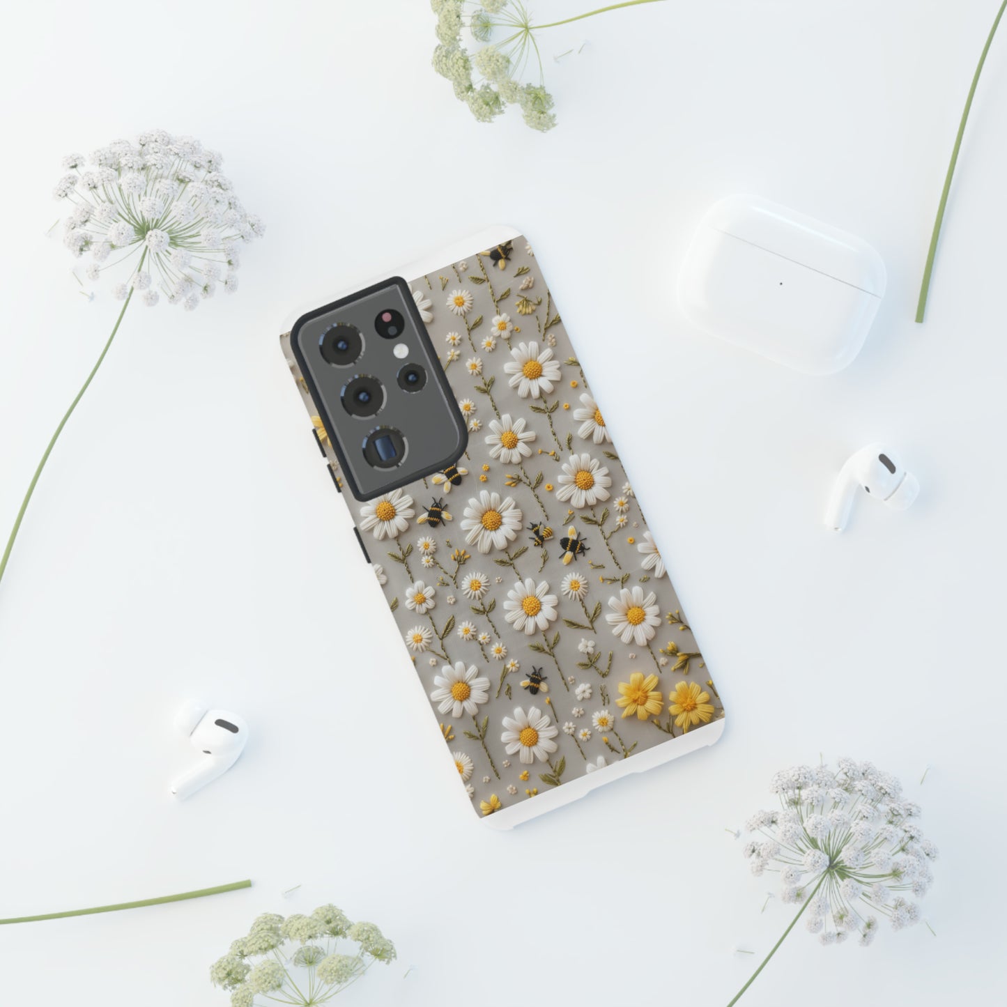 Spring Daisy Phone Case, Bees & Flowers Design, Nature-Inspired Protective Phone Cover, Tough Phone Cases